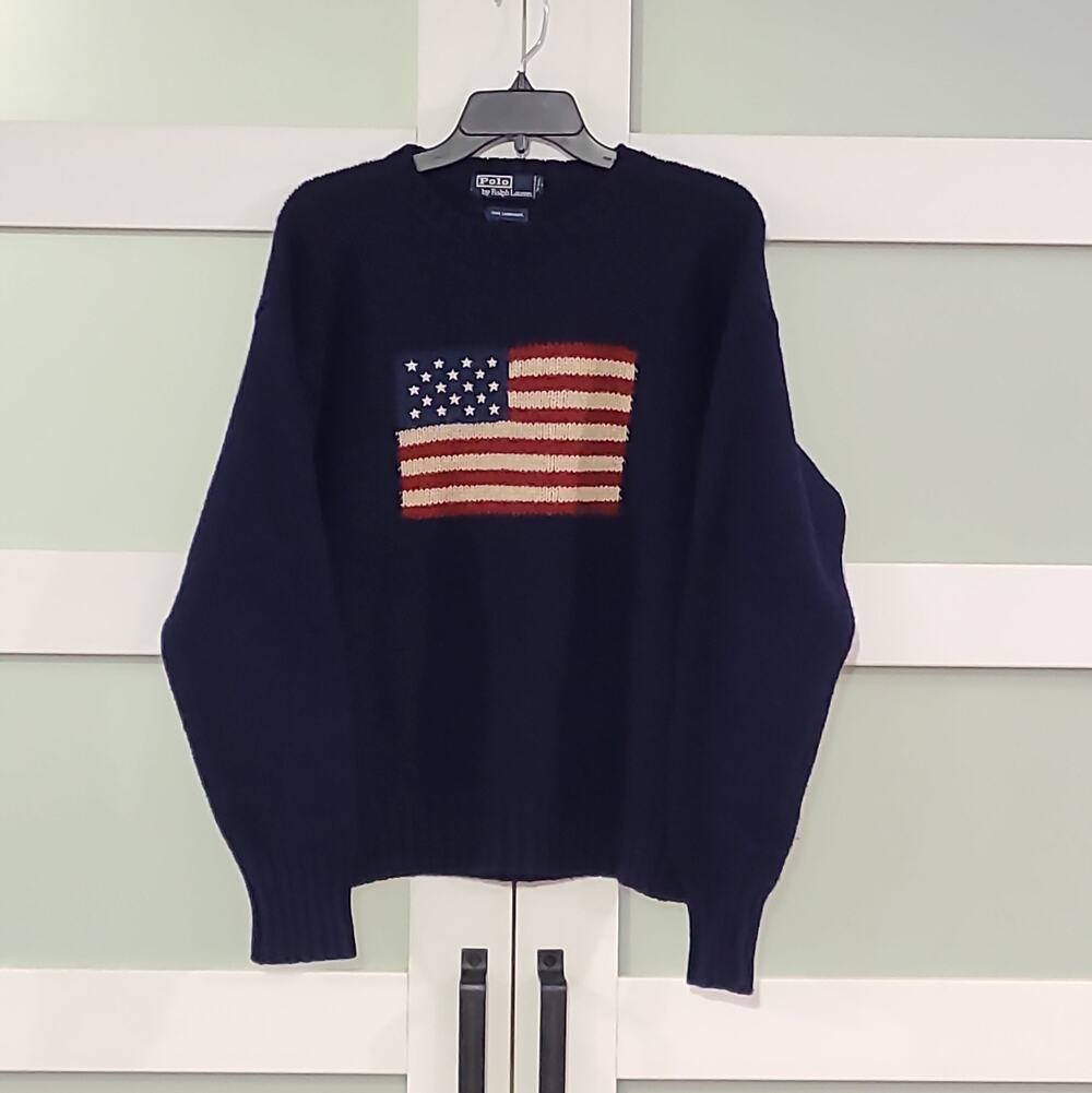 Vintage Polo Ralph Lauren American Flag 100% Lambswool Sweater Blue XL Rare 90s